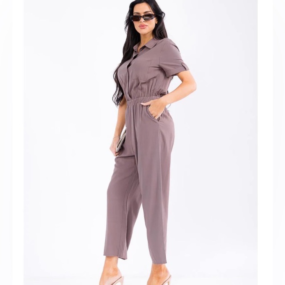 WOMEN'S SHORT SLEEVE BUTTON UP POCKETS WIDE LEG JUMPSUIT
